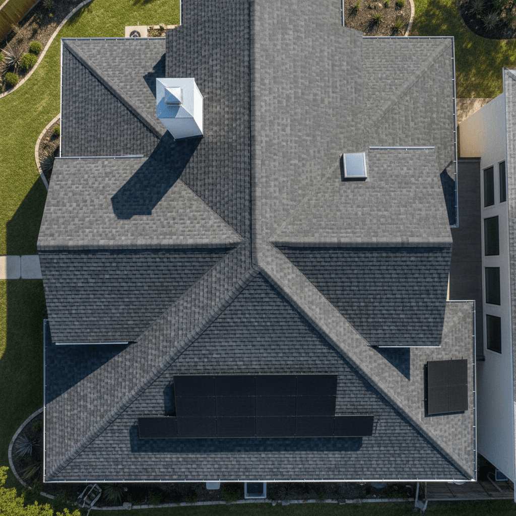 Newly installed asphalt shingle roof on a modern Dallas home