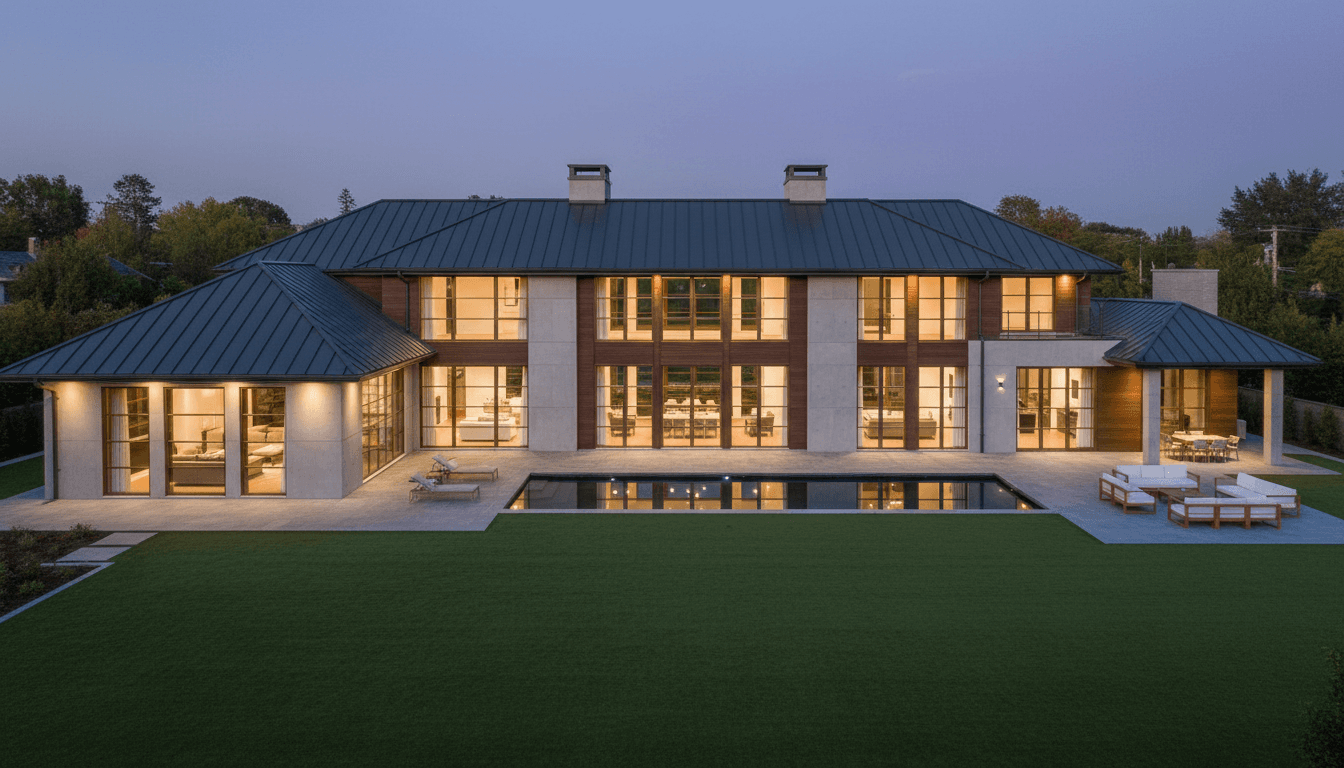 Modern home exterior with new roof, European windows, and artificial turf lawn at dusk