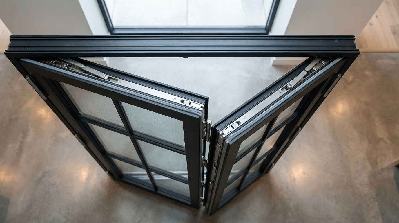Overhead view of premium black-frame glass door system showing frame mechanics and weatherproofing seals in natural light.