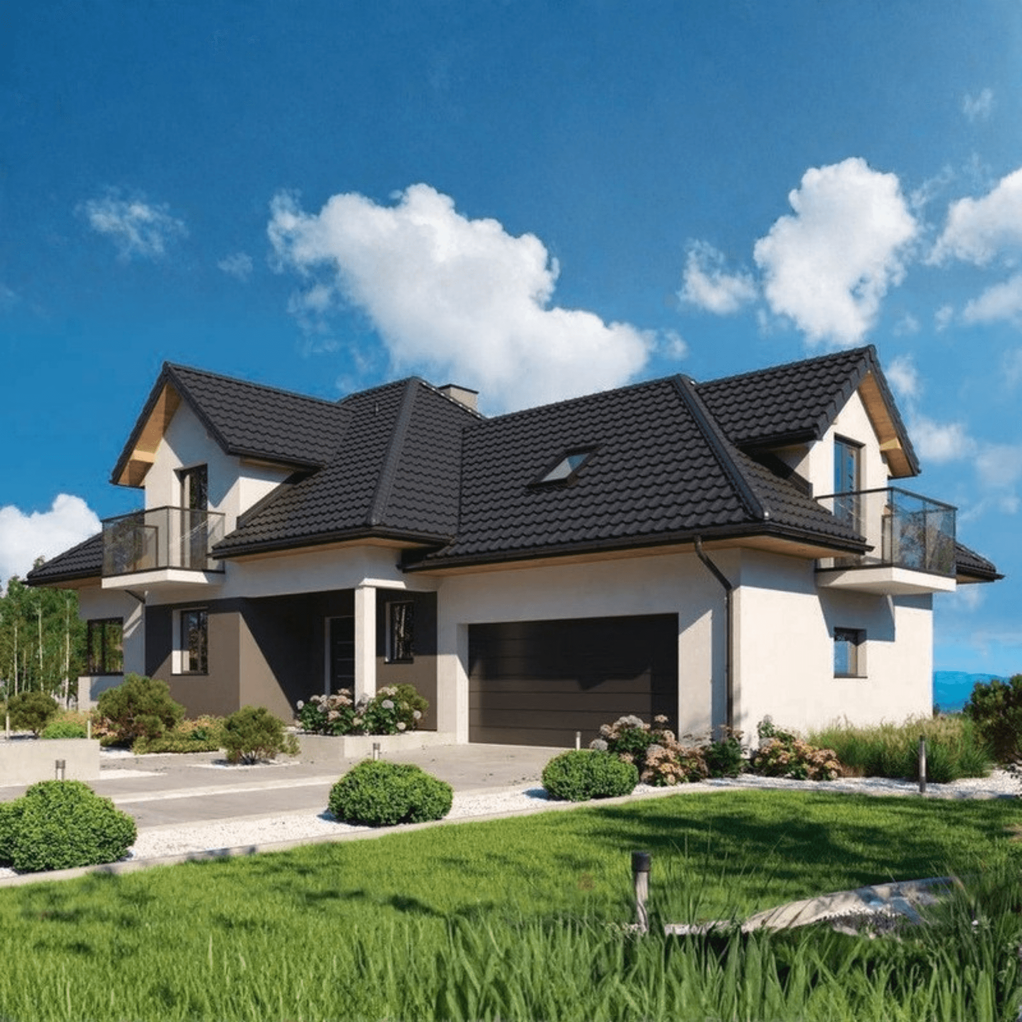 Modern two-story house with white walls, dark tiled roof, balconies, and a manicured lawn.